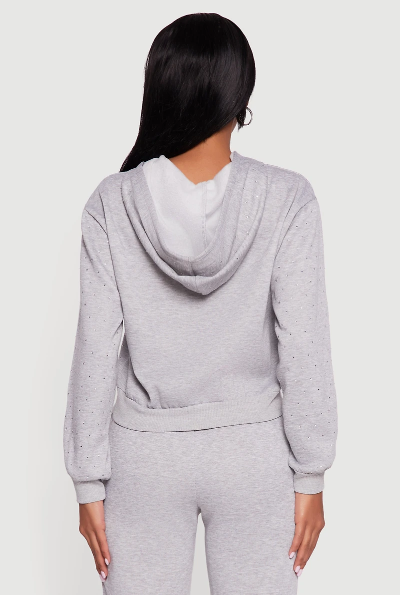 Almost Famous Rhinestone Studded Fleece Pullover Hoodie