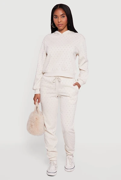 Womens Almost Famous Rhinestone Studded Fleece Sweatpants, Khaki, Size XL