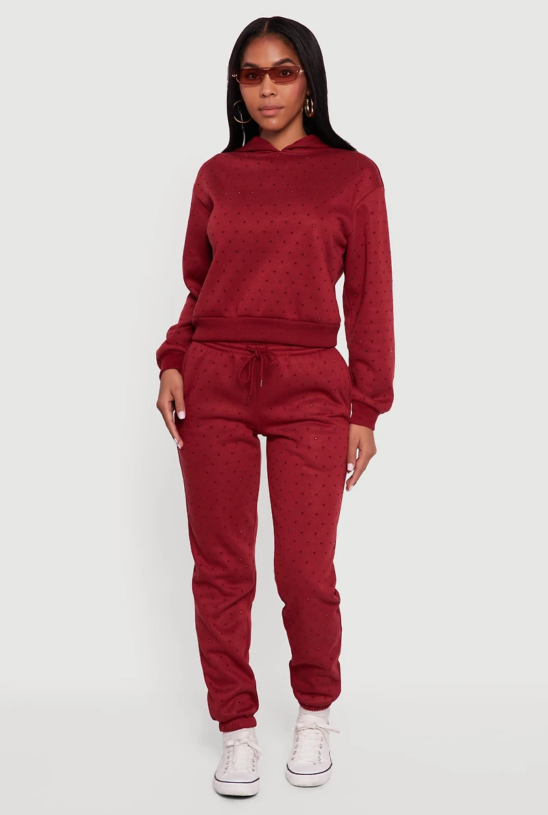 Womens Almost Famous Rhinestone Studded Fleece Sweatpants, Burgundy, Size L