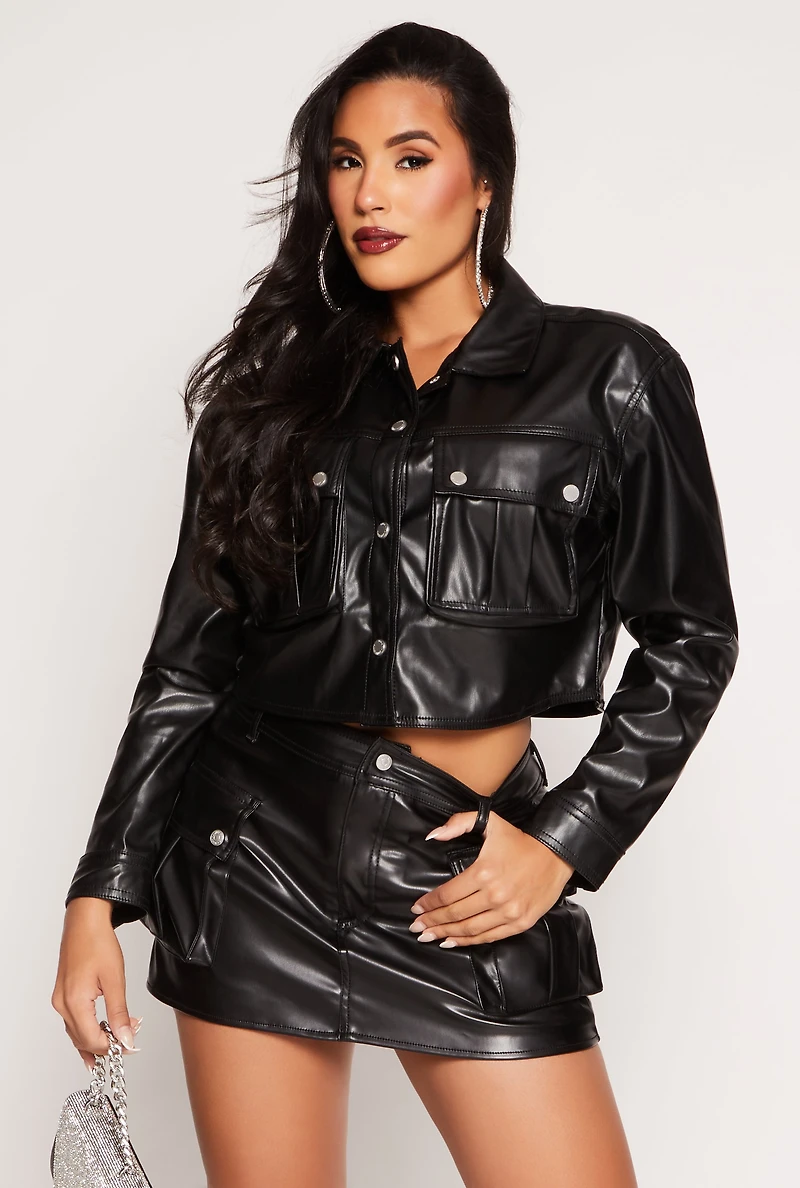 Womens Almost Famous Faux Leather Cropped Jacket, Black, Size M