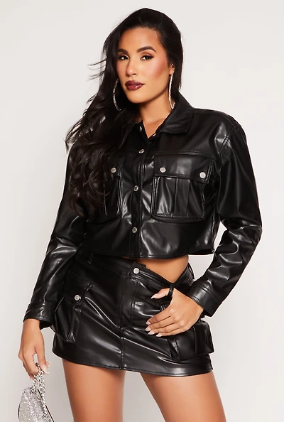 Womens Almost Famous Faux Leather Cropped Jacket, Black, Size M