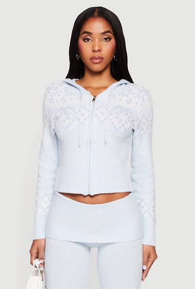 Almost Famous Fair Isle Zip Front Cropped Hooded Sweater