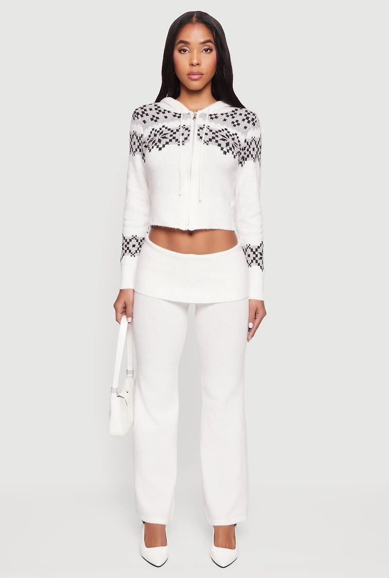 Womens Almost Famous Knitted Straight Leg Fold Over Pants, White, Size L