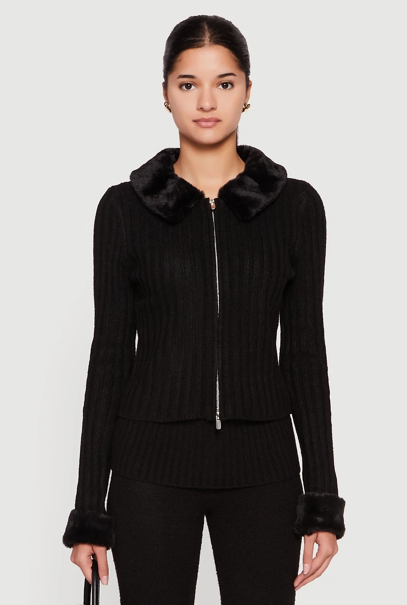 Womens Zip Front Cardigan with Removable Faux Fur Collar and Cuffs,