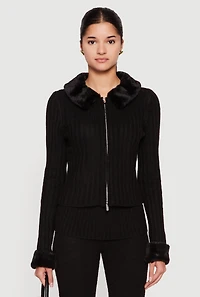 Womens Zip Front Cardigan with Removable Faux Fur Collar and Cuffs,