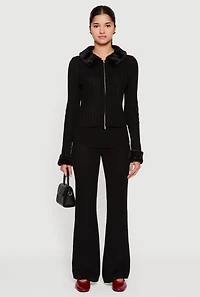 Womens Zip Front Cardigan with Removable Faux Fur Collar and Cuffs,