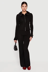 Womens Zip Front Cardigan with Removable Faux Fur Collar and Cuffs,