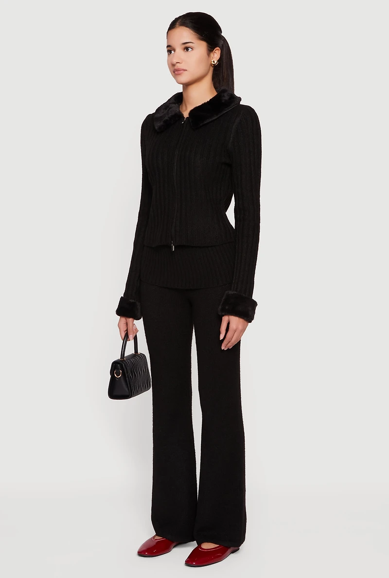 Womens Zip Front Cardigan with Removable Faux Fur Collar and Cuffs,