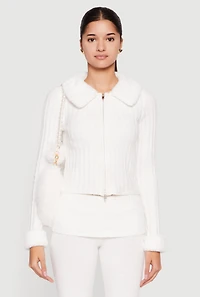 Zip Front Cardigan with Removable Faux Fur Collar and Cuffs