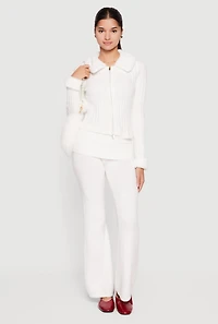 Zip Front Cardigan with Removable Faux Fur Collar and Cuffs