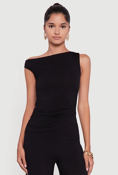 Womens Almost Famous One Shoulder Ruched Side Blouse, Black, Size M
