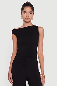 Womens Almost Famous One Shoulder Ruched Side Blouse, Black, Size M