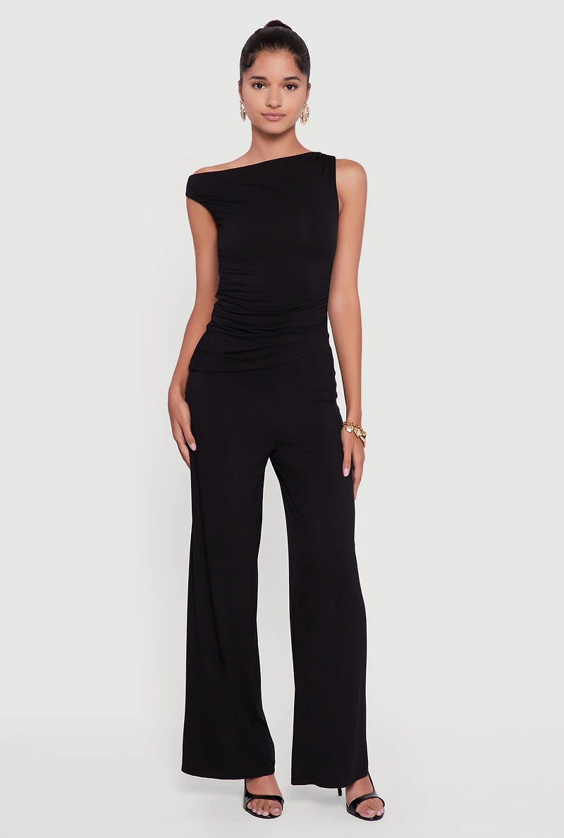 Womens Almost Famous One Shoulder Ruched Side Blouse, Black, Size XL
