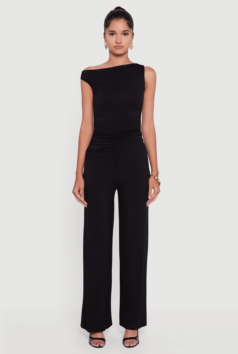 Womens Almost Famous One Shoulder Ruched Side Blouse, Black, Size M