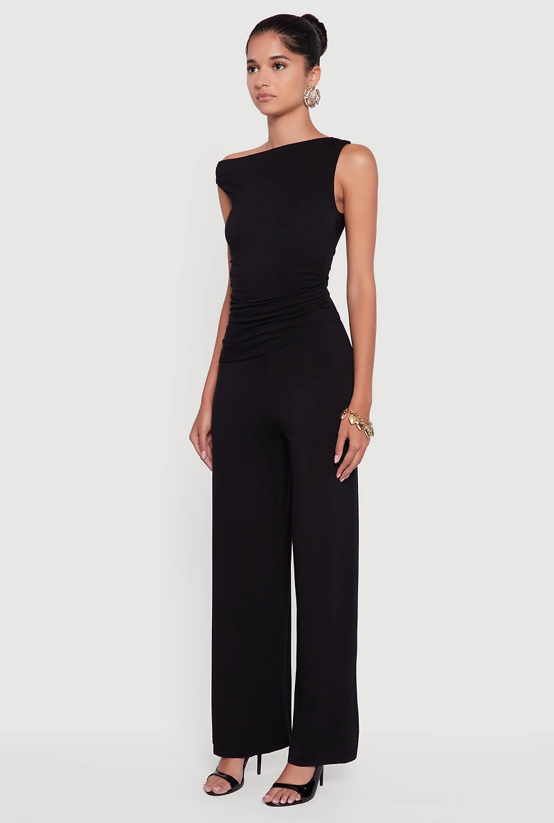 Womens Almost Famous One Shoulder Ruched Side Blouse, Black, Size XL