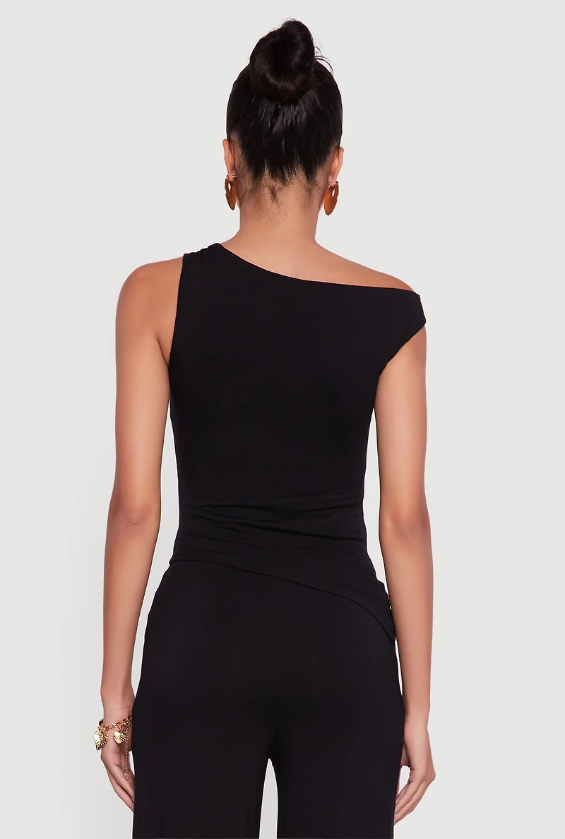 Womens Almost Famous One Shoulder Ruched Side Blouse, Black, Size XL