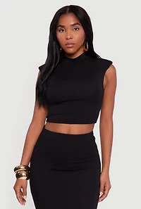 Womens Shoulder Padded Mock Neck Sleeveless Crop Top, Black, Size S