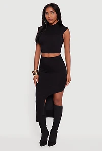 Womens Shoulder Padded Mock Neck Sleeveless Crop Top, Black, Size M