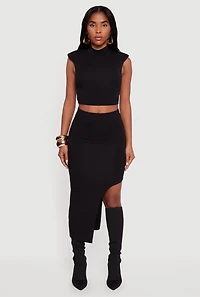 Womens Shoulder Padded Mock Neck Sleeveless Crop Top, Black, Size S