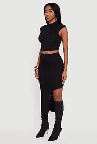 Womens Shoulder Padded Mock Neck Sleeveless Crop Top, Black, Size S