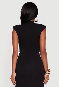 Womens Shoulder Padded Mock Neck Sleeveless Crop Top,