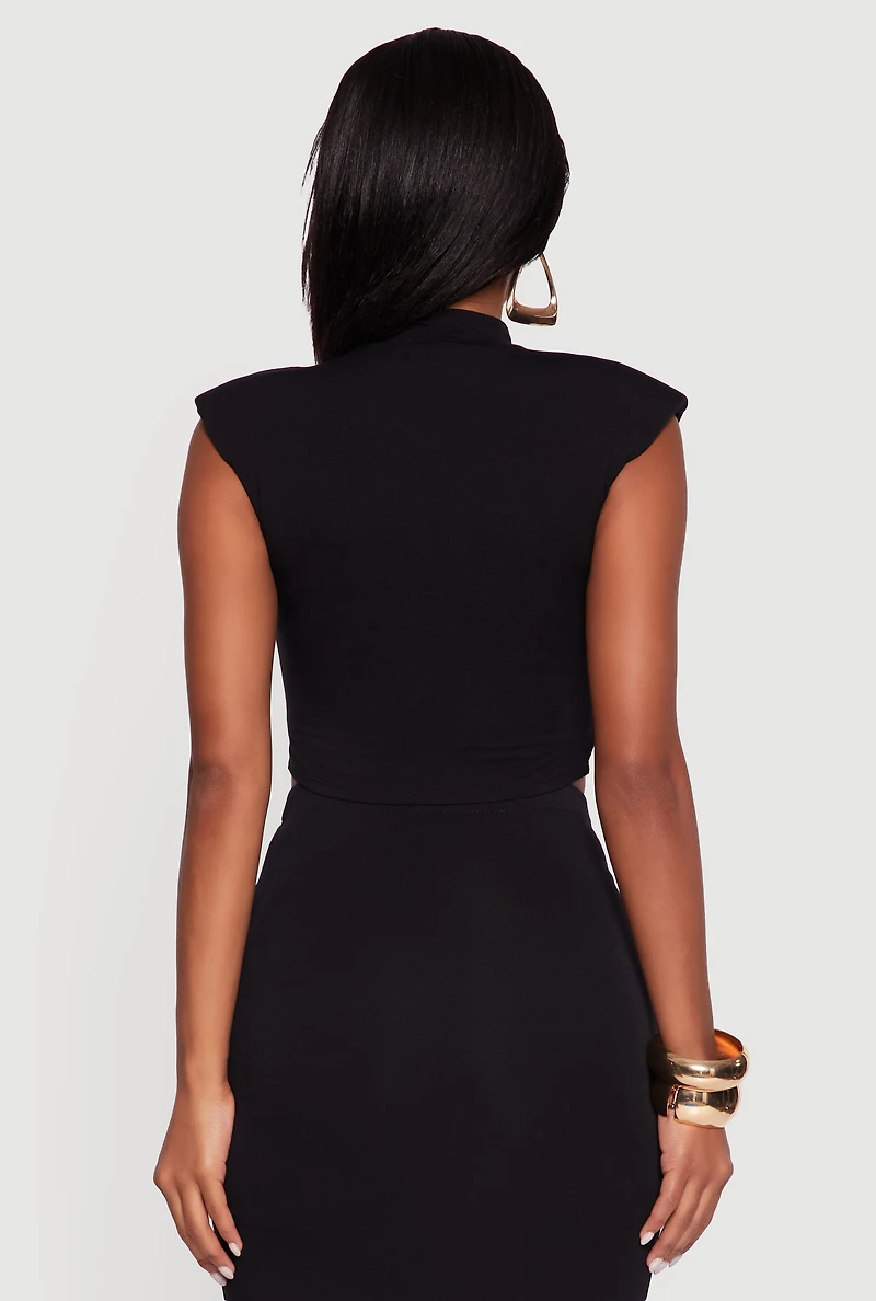 Womens Shoulder Padded Mock Neck Sleeveless Crop Top, Black, Size M