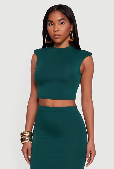 Womens Shoulder Padded Mock Neck Sleeveless Crop Top, Green, Size XL