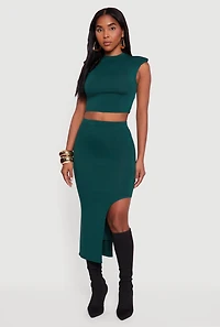Womens Shoulder Padded Mock Neck Sleeveless Crop Top, Green, Size L