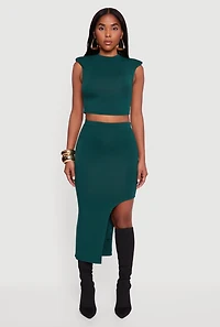 Womens Shoulder Padded Mock Neck Sleeveless Crop Top, Green, Size XL