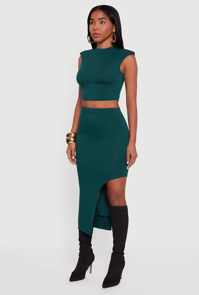 Womens Shoulder Padded Mock Neck Sleeveless Crop Top, Green, Size XL