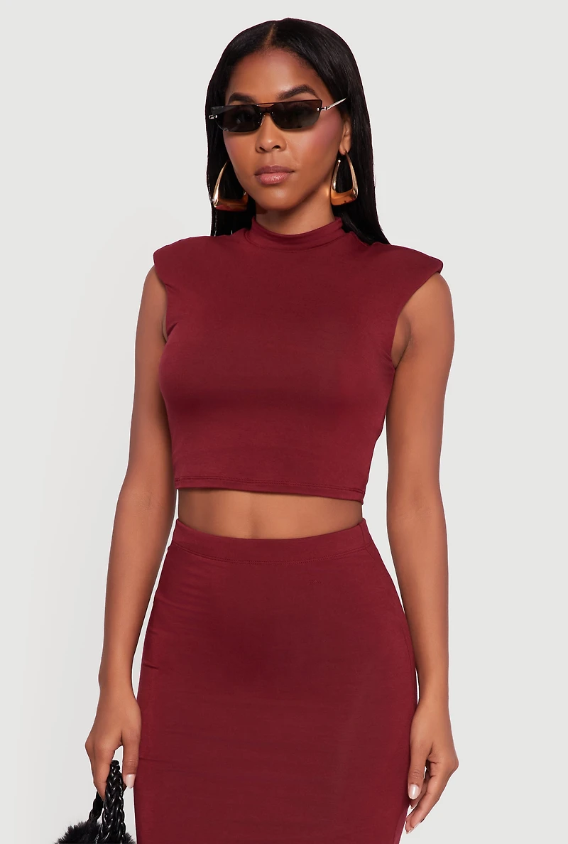 Womens Shoulder Padded Mock Neck Sleeveless Crop Top, Burgundy, Size XL