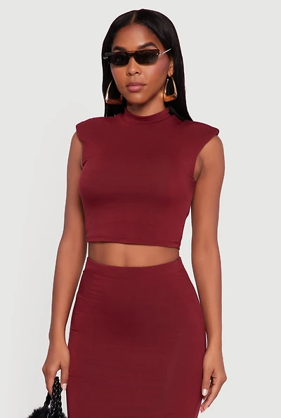 Womens Shoulder Padded Mock Neck Sleeveless Crop Top, Burgundy, Size XL