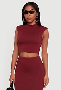 Womens Shoulder Padded Mock Neck Sleeveless Crop Top, Burgundy, Size XL