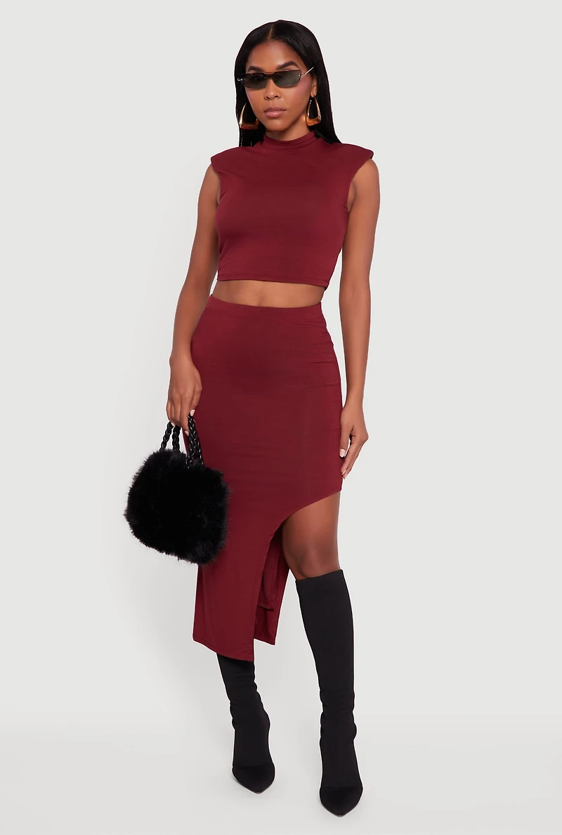Womens Shoulder Padded Mock Neck Sleeveless Crop Top, Burgundy, Size XL