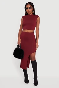Womens Shoulder Padded Mock Neck Sleeveless Crop Top, Burgundy, Size XL