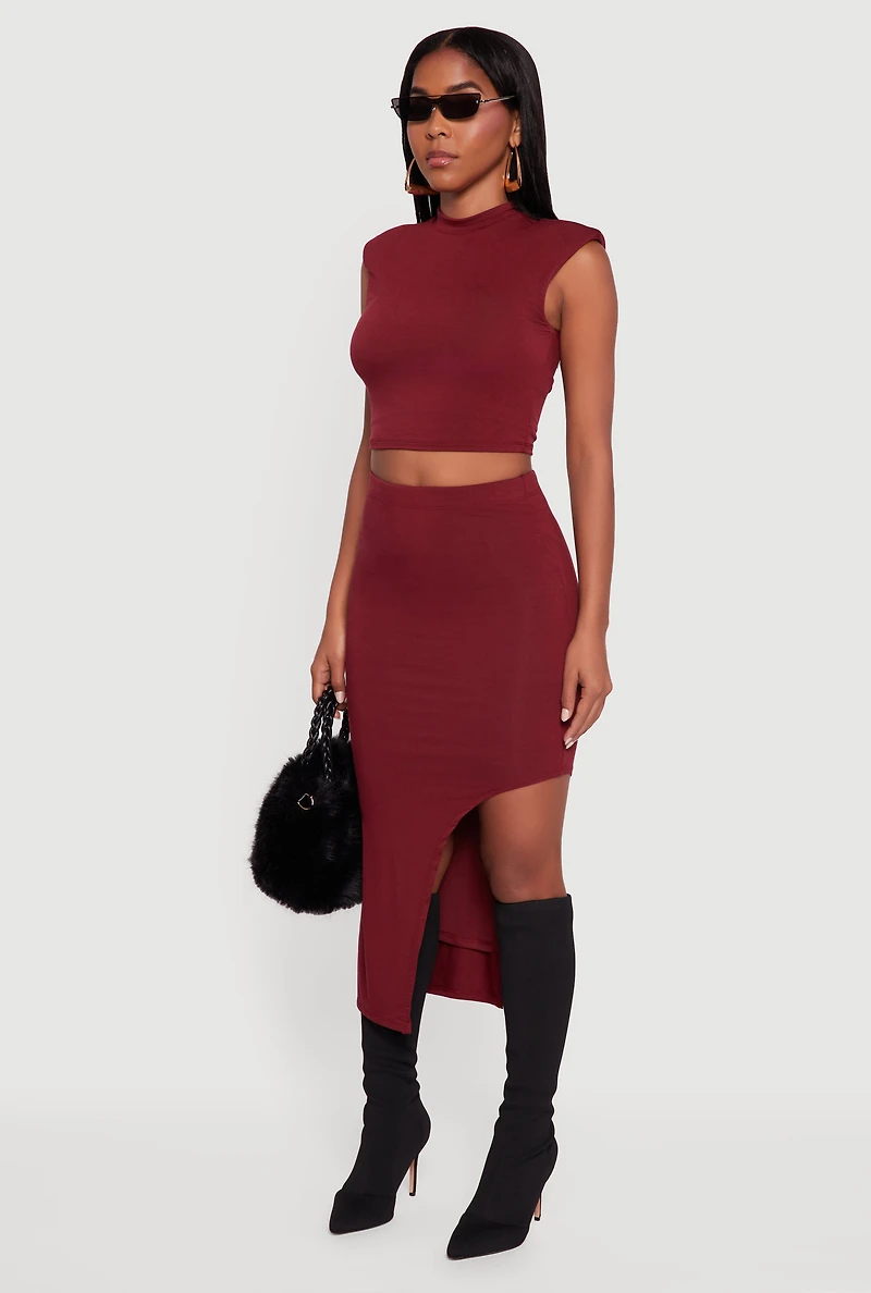 Womens Shoulder Padded Mock Neck Sleeveless Crop Top, Burgundy, Size XL