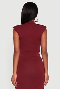Womens Shoulder Padded Mock Neck Sleeveless Crop Top, Burgundy, Size XL