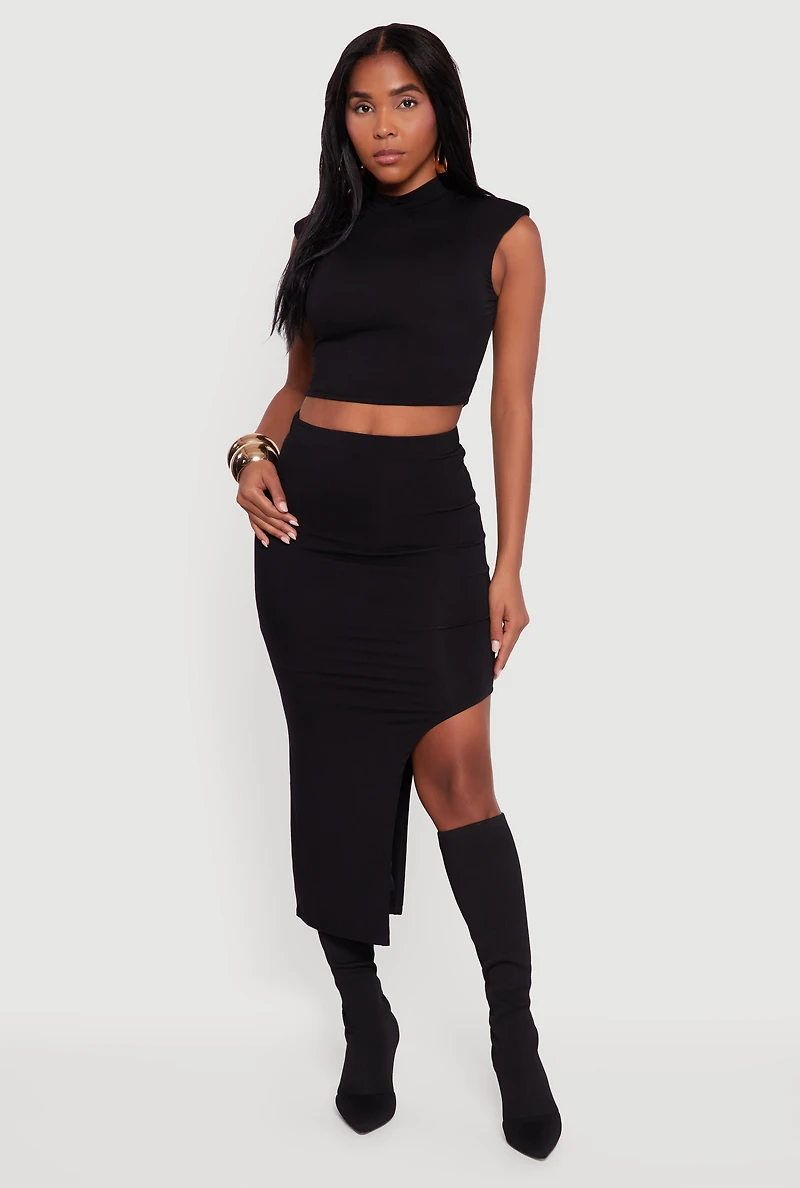 Womens High Waisted Asymmetrical Midi Skirt,