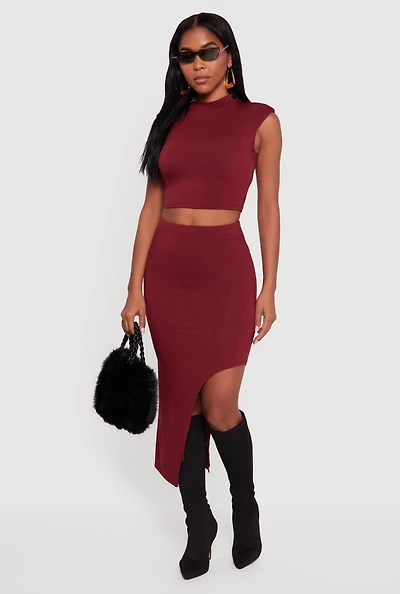Womens High Waisted Asymmetrical Midi Skirt, Burgundy, Size L