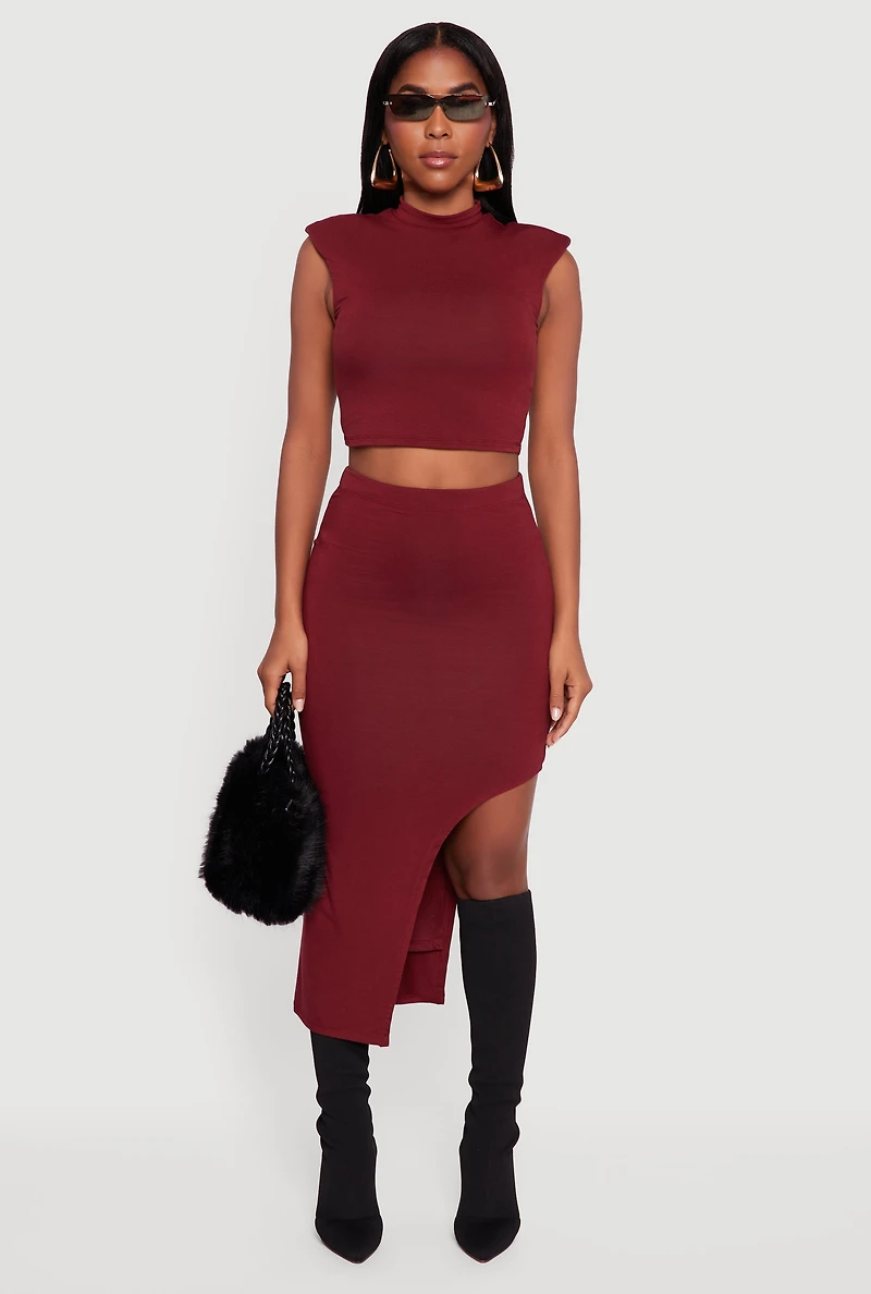 Womens High Waisted Asymmetrical Midi Skirt, Burgundy, Size L