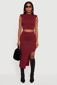 Womens High Waisted Asymmetrical Midi Skirt, Burgundy, Size L