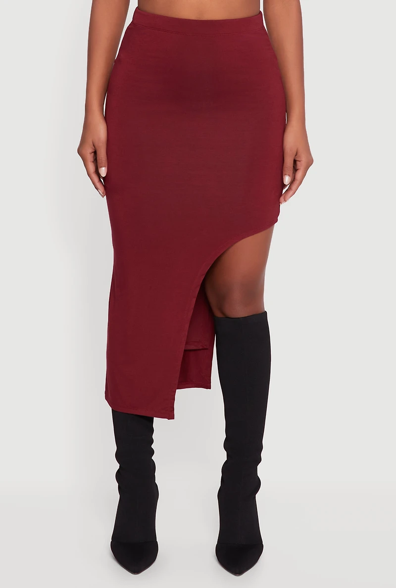 Womens High Waisted Asymmetrical Midi Skirt, Burgundy, Size L