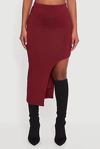 Womens High Waisted Asymmetrical Midi Skirt, Burgundy, Size L
