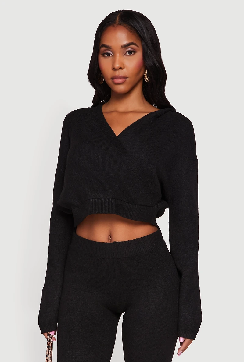 Womens Almost Famous Brushed Knit Cropped Faux Wrap Sweater Hoodie, Black,