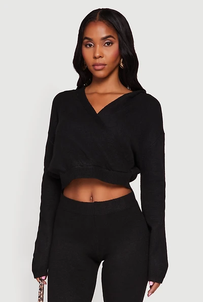 Womens Almost Famous Brushed Knit Cropped Faux Wrap Sweater Hoodie, Black,