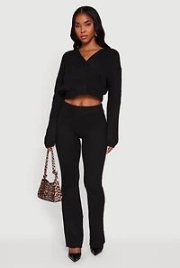 Womens Almost Famous Brushed Knit Cropped Faux Wrap Sweater Hoodie, Black,