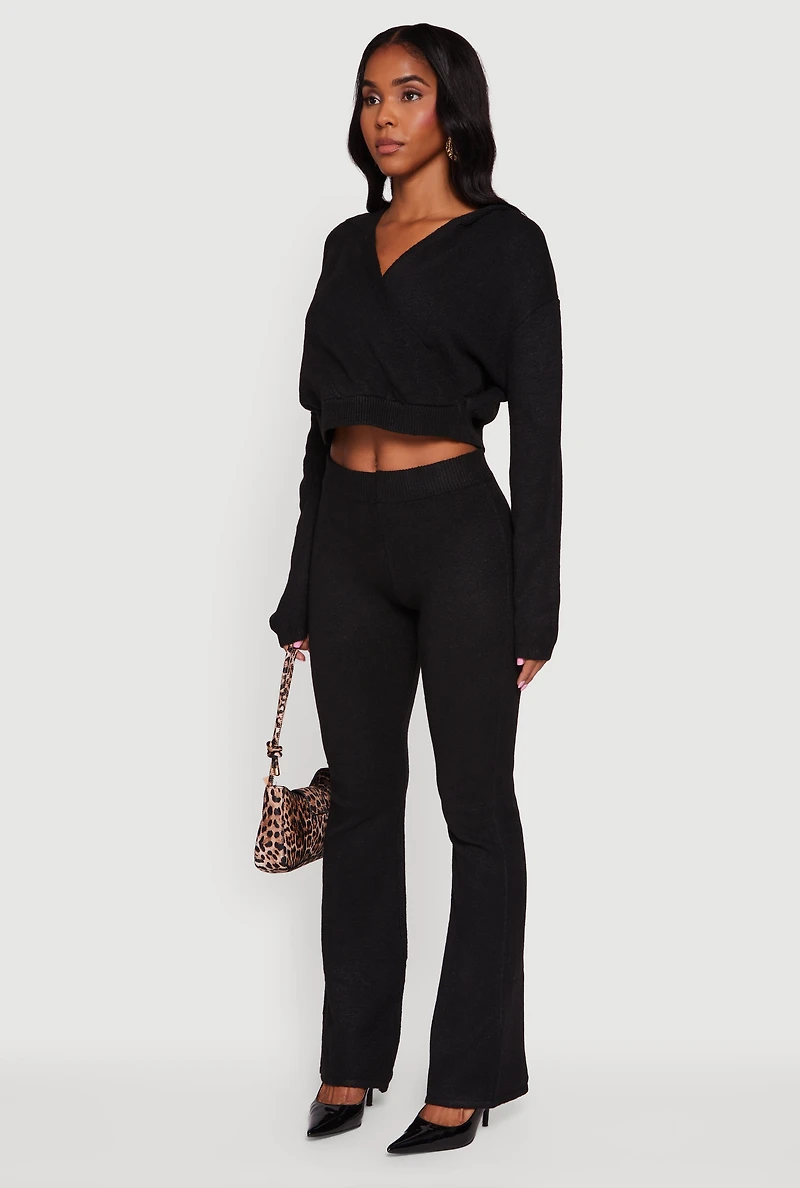 Womens Almost Famous Brushed Knit Cropped Faux Wrap Sweater Hoodie, Black,