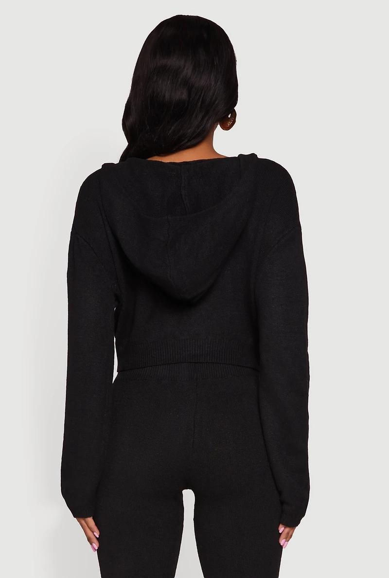 Womens Almost Famous Brushed Knit Cropped Faux Wrap Sweater Hoodie, Black,