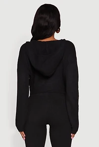 Womens Almost Famous Brushed Knit Cropped Faux Wrap Sweater Hoodie, Black,