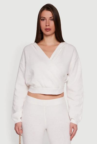 Almost Famous Brushed Knit Cropped Faux Wrap Sweater Hoodie